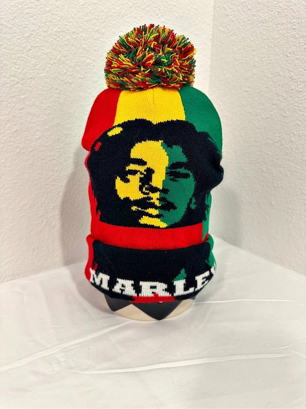 Bob Marley Graphic Pom Beanie Color Block